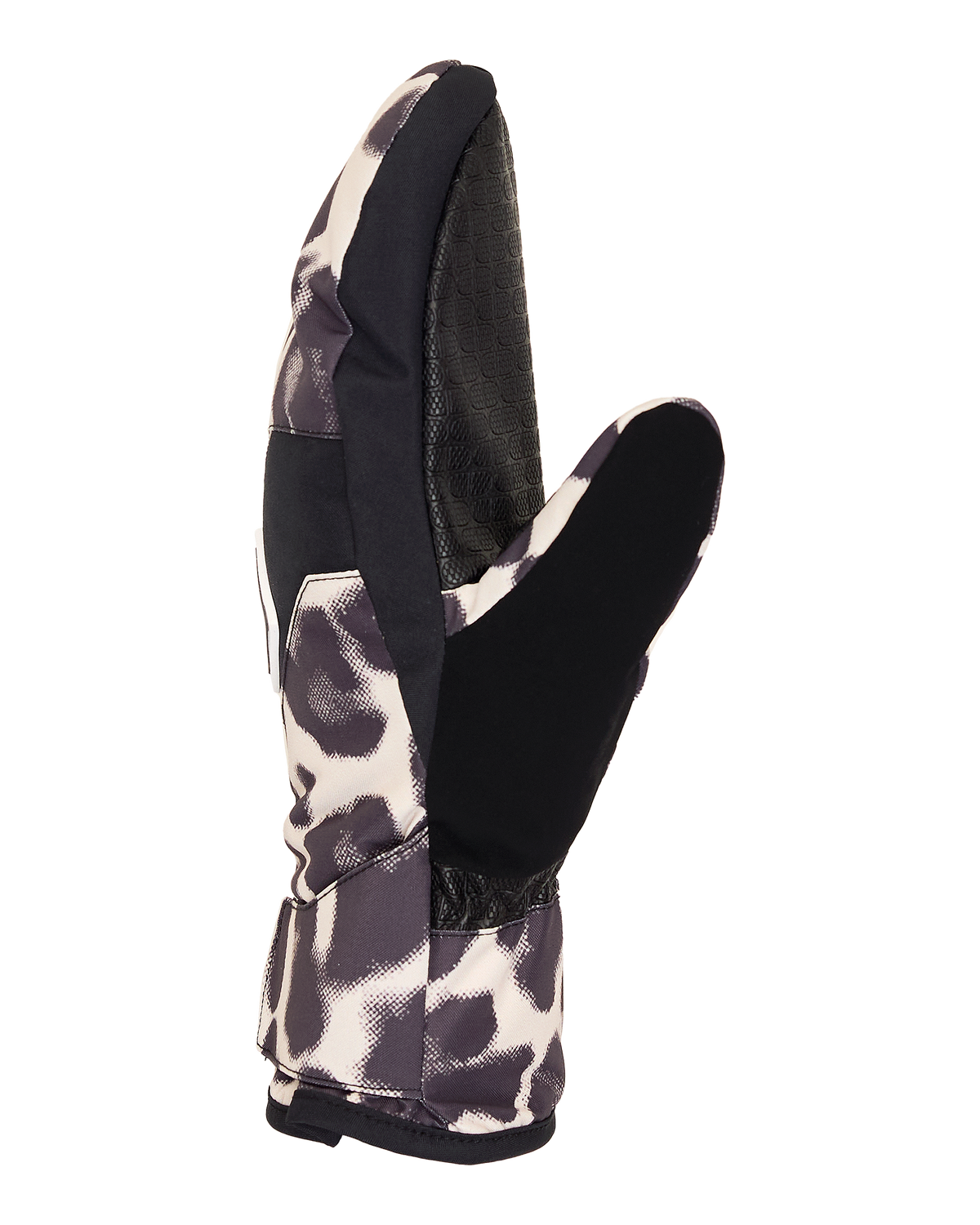 The Women’s Franchise Insulated Mittens by DC Shoes are showcased upright against a white background, displaying their black and white patterned design. Crafted for cold weather, these women’s mittens feature a split-finger construction with the thumb separated and the other fingers grouped together, along with an insulated interior and weather-resistant exterior for optimal warmth and protection.