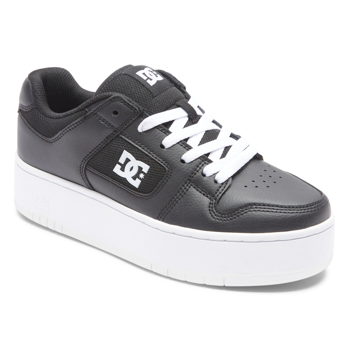 Elevate your look with the Women’s Manteca 4 Platform Shoes by DC Shoes. Featuring a sleek black and white colorway, these shoes sport classic white laces, a chunky rubber sole, and the iconic DC logo on both the side and tongue. Designed with a low-top silhouette and perforated toe detailing, they deliver exceptional comfort along with standout street style.