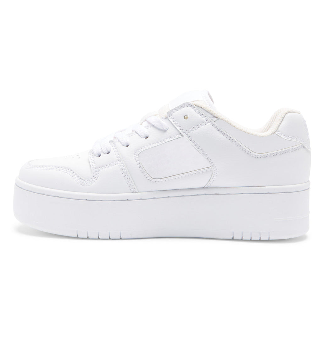 The Women’s Manteca 4 Platform Shoes by DC Shoes are stylish women’s platform sneakers with a thick sole, lace-up front, and low-top design in white. Shown from the side against a plain white background, these shoes offer on-trend style inspired by classic DC Shoes design.