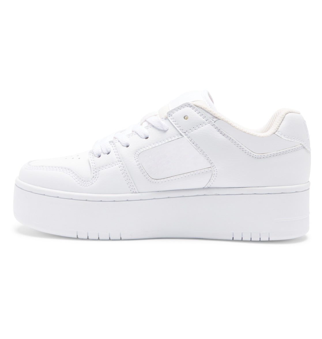 The Women’s Manteca 4 Platform Shoes by DC Shoes are stylish women’s platform sneakers with a thick sole, lace-up front, and low-top design in white. Shown from the side against a plain white background, these shoes offer on-trend style inspired by classic DC Shoes design.