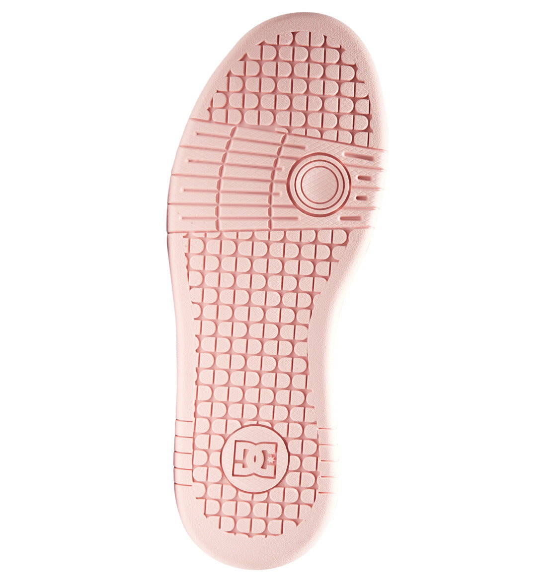 A pink sole featuring a textured grid pattern, a circular design near the arch, and an embossed DC Shoes logo at the heel highlights the performance-driven style of the Women’s Manteca 4 Shoes by DC Shoes.