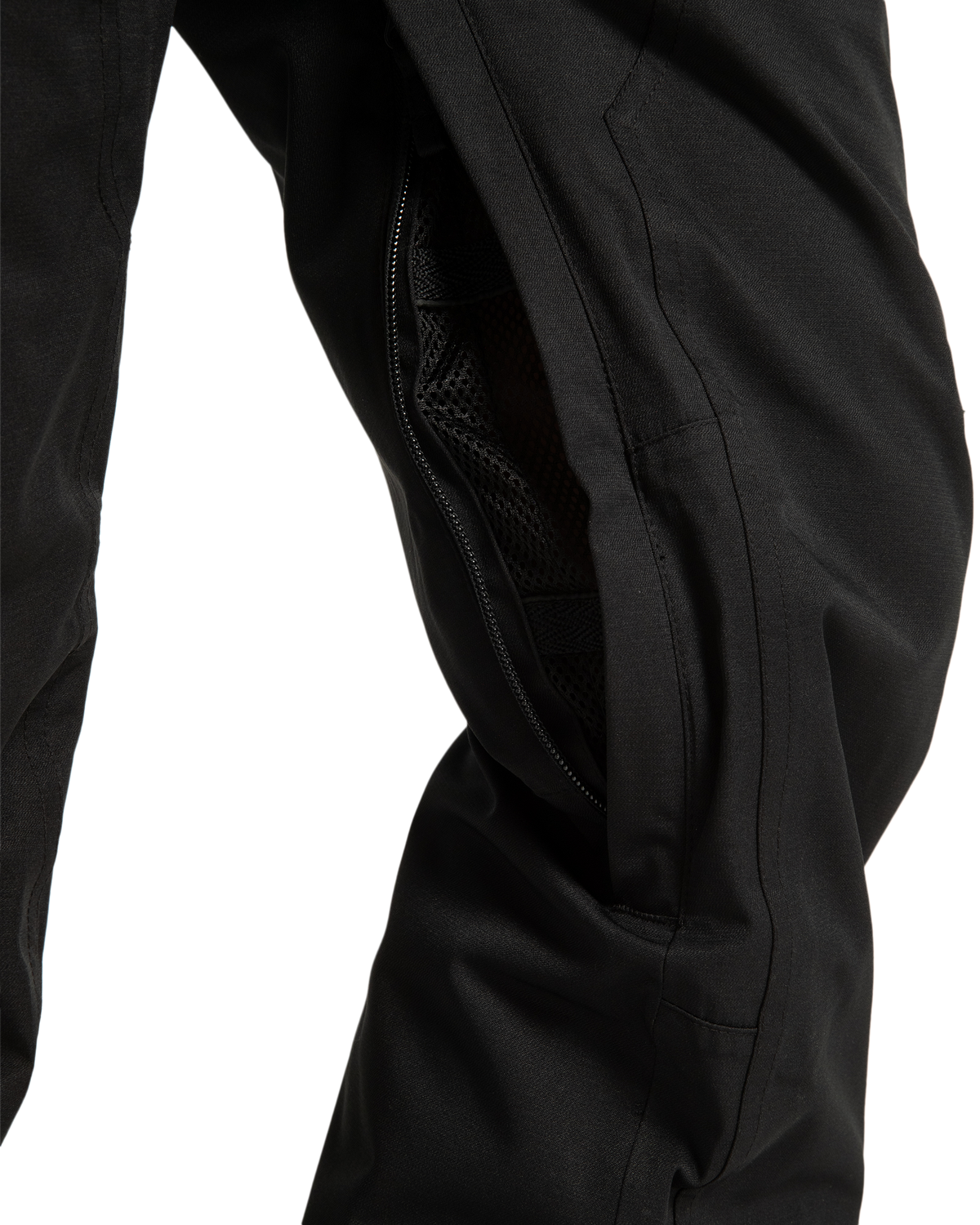 Close-up of black pants with an open zippered mesh vent along the side, revealing the inner lining—part of the DC Shoes Women’s Crusade Shell Bib collection, designed to deliver waterproof protection for women’s adventure gear.