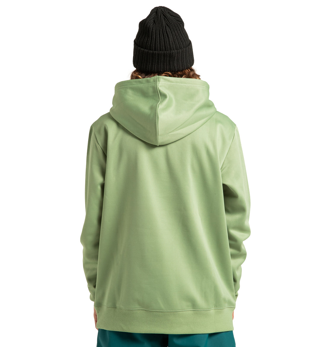 A person is shown from the back against a plain white background, wearing a light green DC Shoes Unisex Snowstar Hoodie and a black knit beanie, with their hands relaxed at their sides.