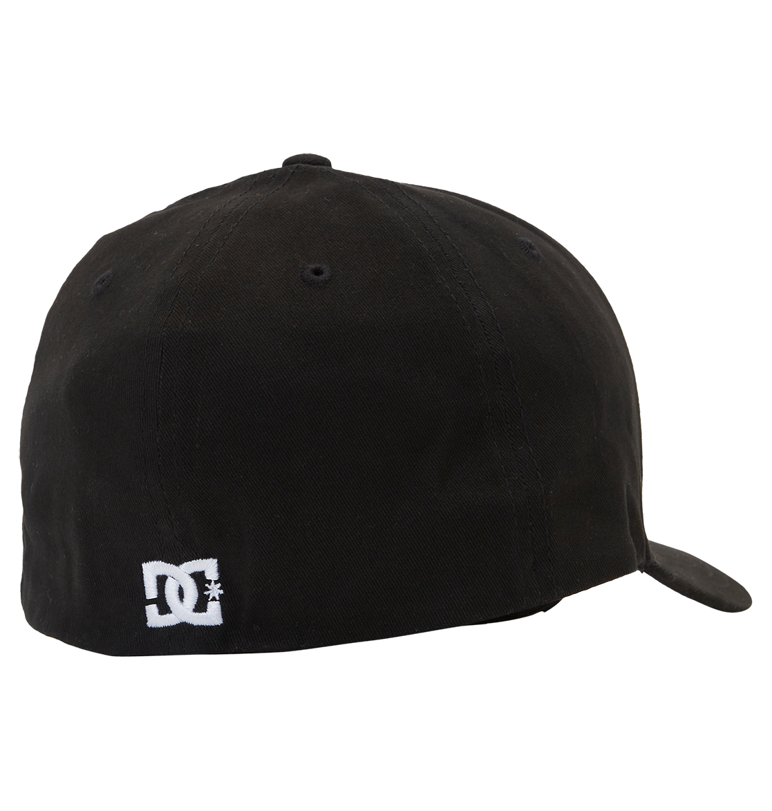 The Men's DC Cap Star by DC Shoes is a black skate cap with a curved brim and ventilation eyelets, featuring a small white embroidered DC branding logo near the back bottom edge.