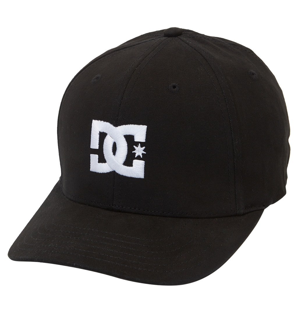The Men's DC Cap Star by DC Shoes is a black skate cap with a curved brim, featuring bold DC branding and a white embroidered star on the front.