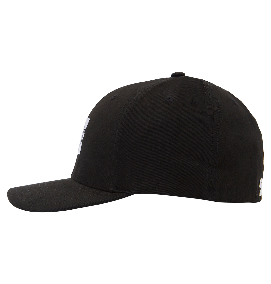 The Men's DC Cap Star by DC Shoes is displayed from the side on a plain white background. This black skate cap has a curved brim, visible stitching, subtle branding, and a small white logo partially visible on the back.