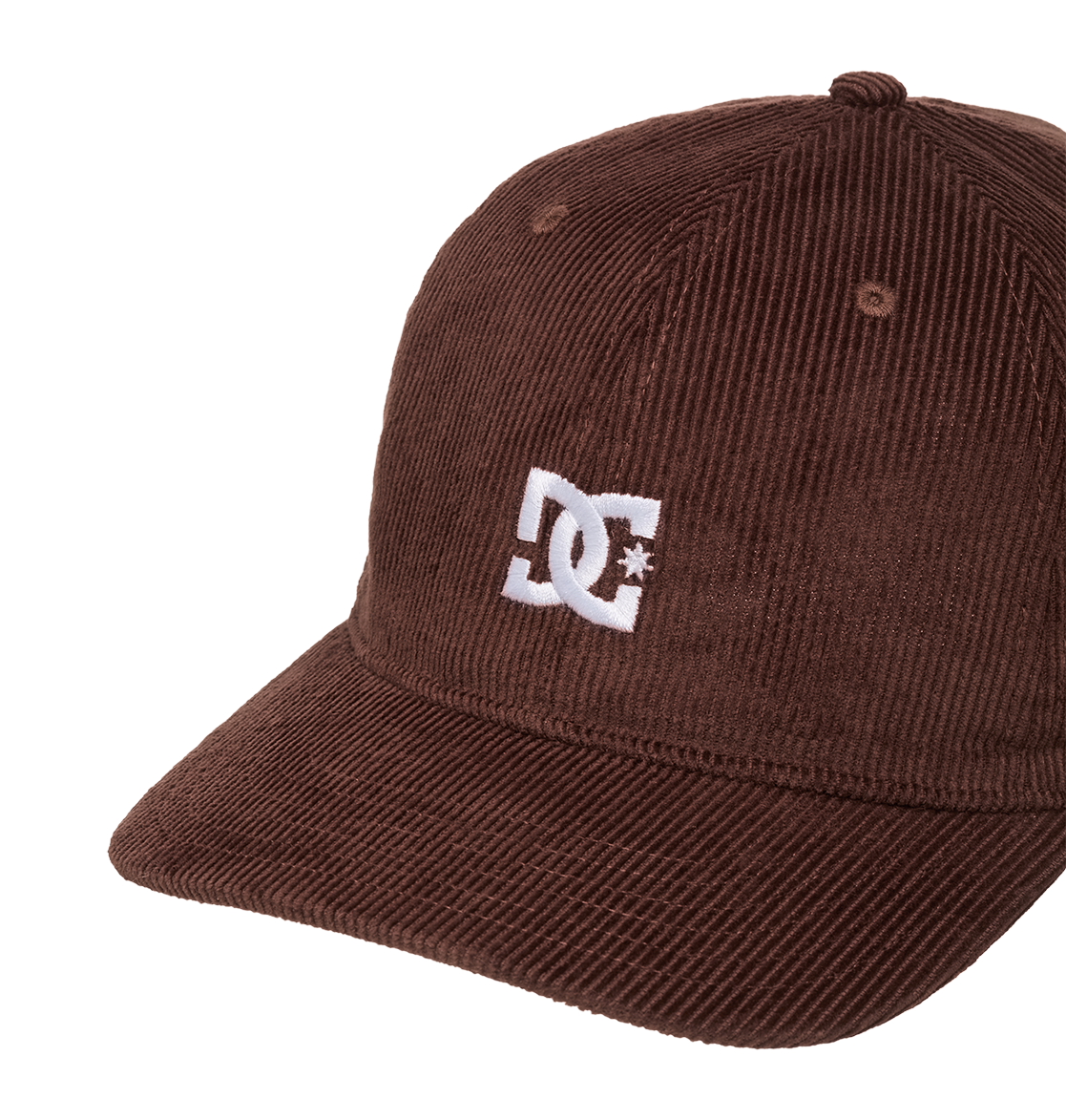 The Men's DC Cap Star Strapback by DC Shoes is a brown corduroy skate cap with a curved brim and white embroidered DC logo on the front, displayed against a plain white background.