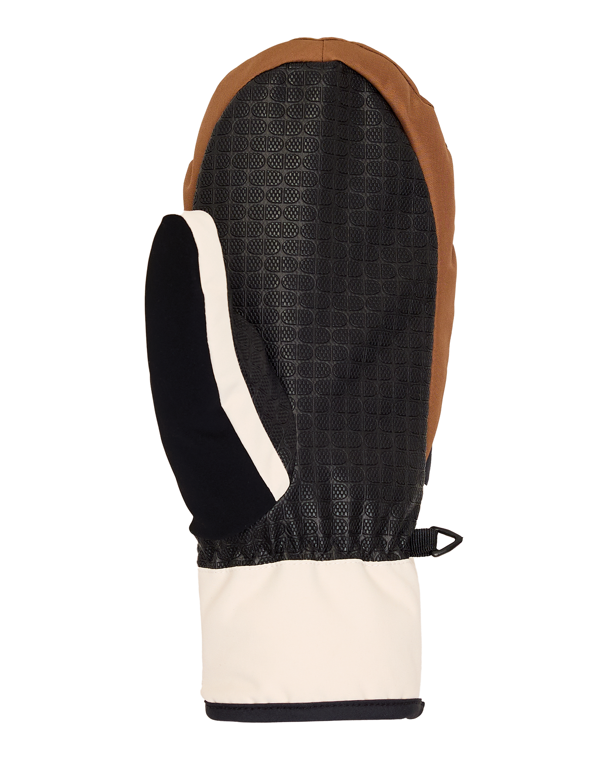 A single DC Shoes Men’s Franchise Insulated Mitten is shown against a plain white background, featuring a brown upper, black textured-grip palm, white cuff, and a black and white thumb—designed as the ideal water-resistant mitten for outdoor winter use.