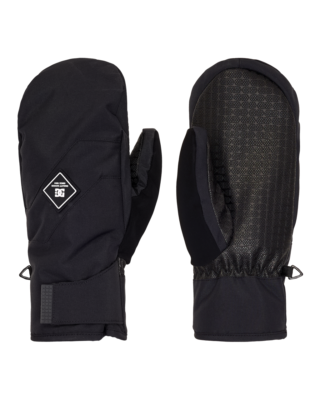A pair of black DC Shoes Men’s Franchise Insulated Mittens are displayed front and back. One mitten features a small stitched DC logo, while the other shows a textured grip surface on the palm. Both waterproof mittens include wrist straps and elasticized cuffs.