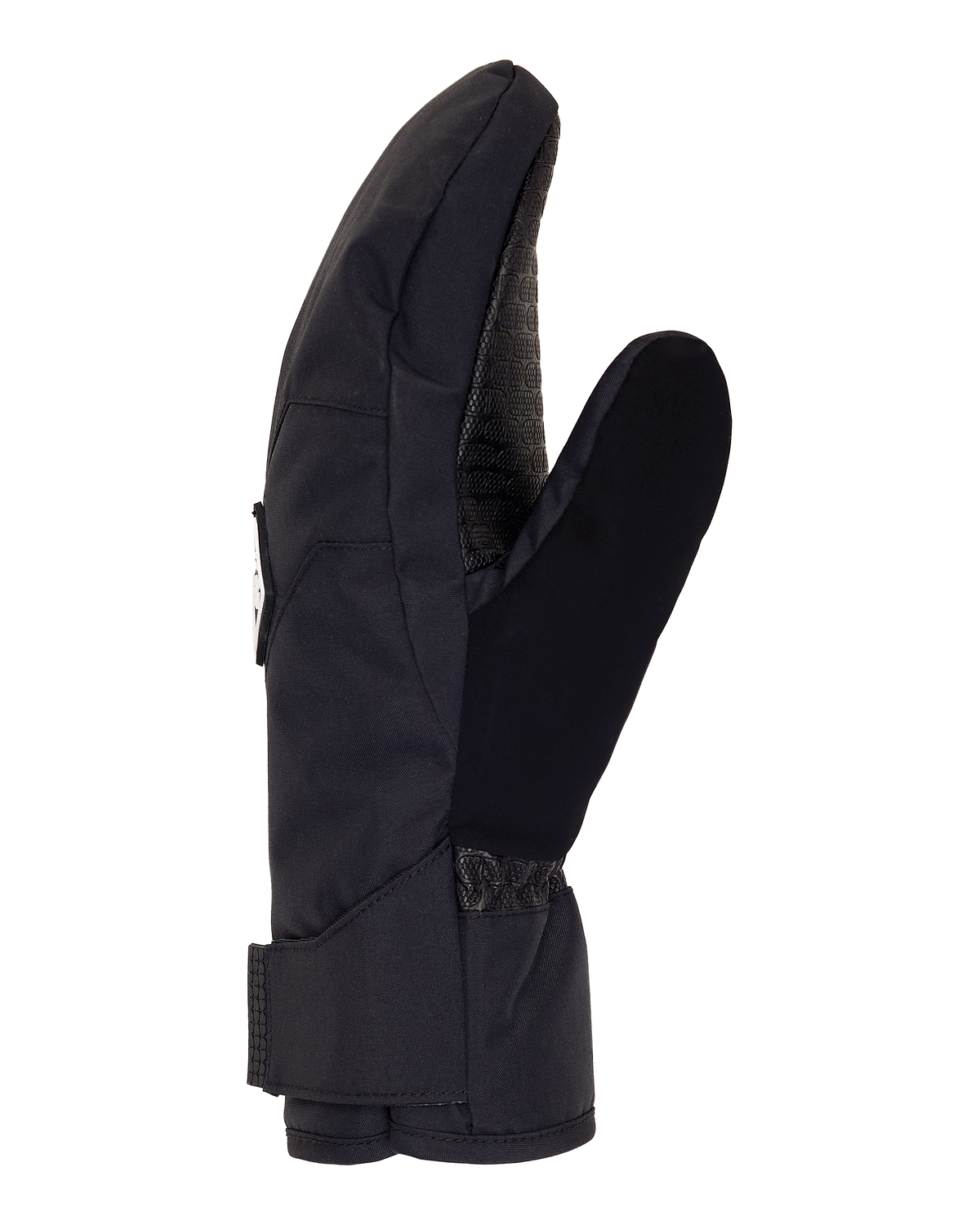 A single black DC Shoes Men’s Franchise Insulated Mitten with a separate index finger, resembling a lobster claw, is displayed against a plain white background. Designed for both warmth and functionality, this mitten is an excellent choice for men seeking insulated winter handwear.