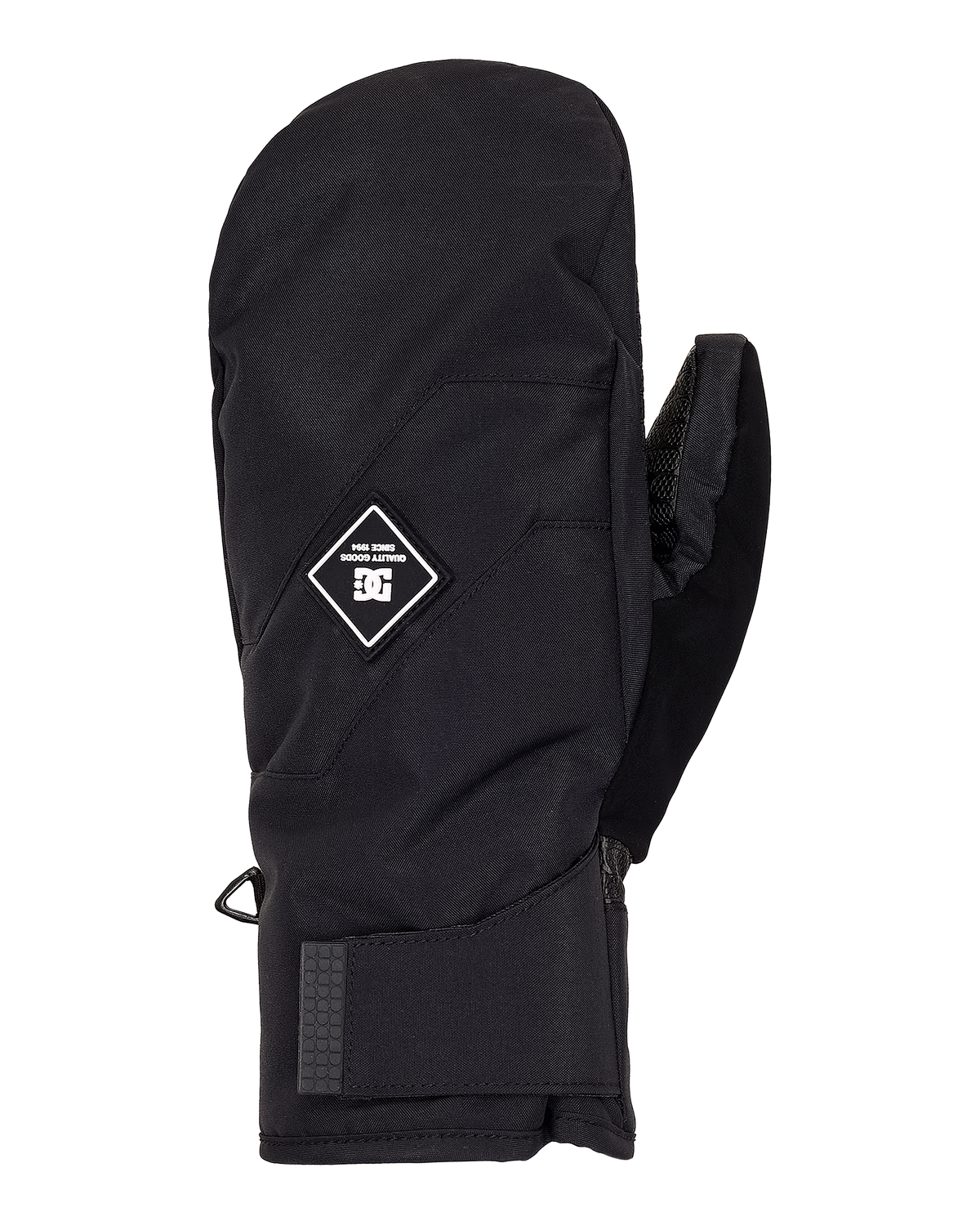 The Men’s Franchise Insulated Mitten by DC Shoes is shown against a plain white background. This single black mitten features a diamond-shaped logo patch on the back, a long cuff, and a small loop near the wrist. Designed for cold weather, these men’s insulated mittens provide warmth and comfort for your hands.