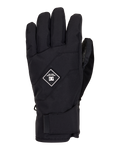 The DC Shoes Men’s Franchise Insulated Gloves are black men’s gloves featuring a velcro strap at the wrist and a small diamond-shaped logo on the back of the hand, shown upright against a plain white background. These touchscreen-compatible gloves provide warmth and functionality, making it easy to use smart devices in cold weather.