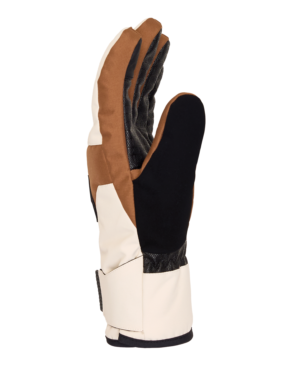 The DC Shoes Men’s Franchise Insulated Gloves are shown upright with the thumb facing forward against a plain white background. Featuring a brown, black, and white color scheme, these winter gloves have a textured palm and a velcro wrist strap. Designed for men, these weather defense insulated gloves provide warmth and reliable protection in cold conditions.