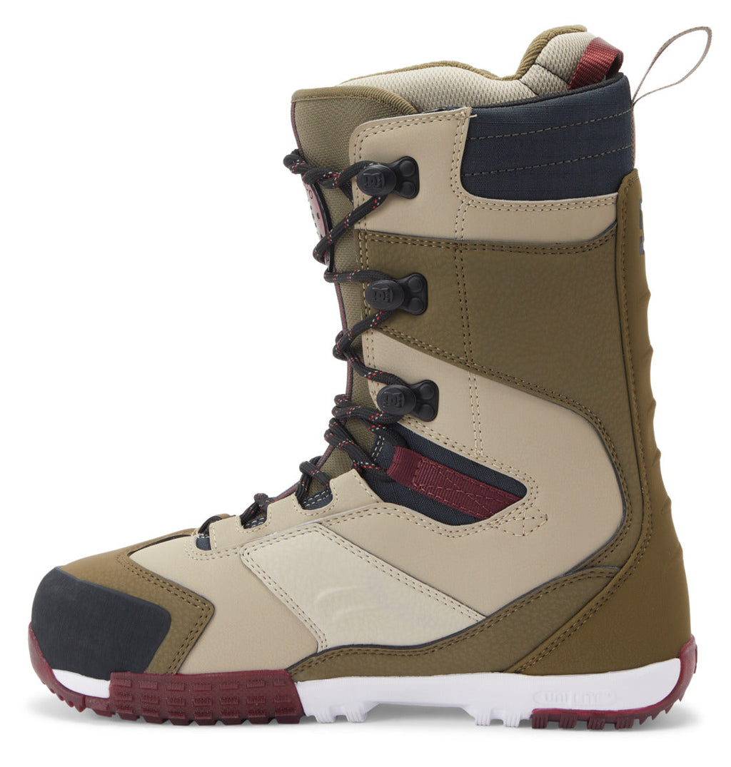 A side view of the Men’s Premier Hybrid BOA® Snowboard Boots by DC Shoes is shown on a white background, featuring a tan and brown colorway with black and red accents, black laces, reinforced toe, padded ankle support, and the BOA® Fit System.