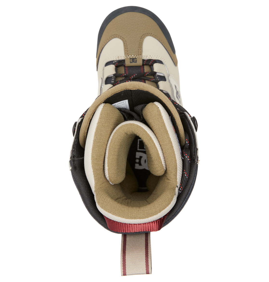 Top-down view of the DC Shoes Men’s Premier Hybrid BOA® Snowboard Boot in tan and black with a padded beige interior, a red and beige pull tab at the heel, and black and red laces featuring the BOA® Fit System.