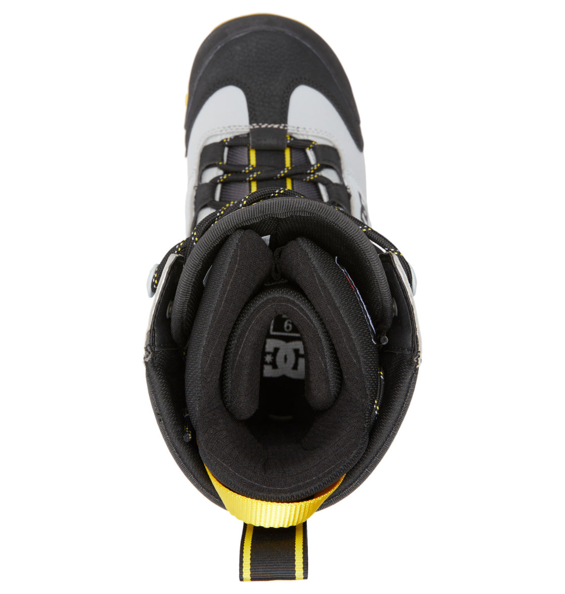 Top view of the Men’s Premier Hybrid BOA® Snowboard Boot by DC Shoes in black and gray with yellow accents, featuring black and yellow laces, a padded collar, and a heel pull tab. The interior lining and DC Shoes logo on the insole are visible, highlighting the Premier Hybrid design for enhanced performance.