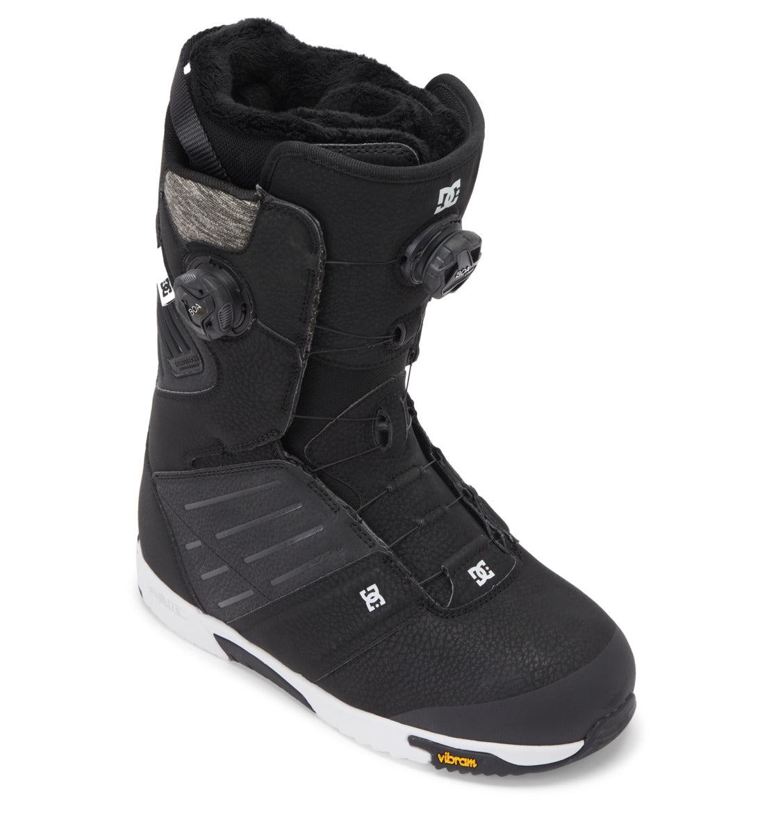 The Men’s Judge BOA® Snowboard Boots by DC Shoes come in black with textured panels, offering precise tightening through a Dual Zone BOA® Fit System, a plush inner lining for comfort, and a white Vibram sole.