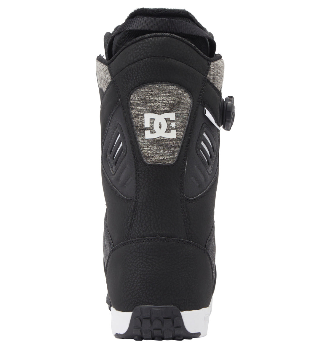 Back view of the Men’s Judge BOA® Snowboard Boots by DC Shoes, shown in black with gray fabric accents. These snowboarding boots feature a Dual Zone BOA® Fit System dial tightening mechanism on the side and display a white DC Shoes logo on the heel. The durable sole combines black and white detailing and is constructed with a Vibram outsole for enhanced grip.