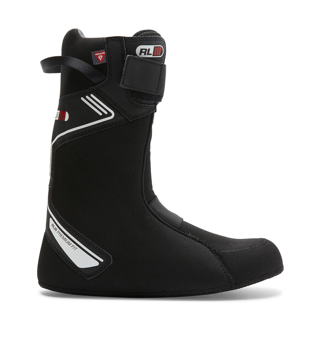 A black snowboard boot liner with white and red accents, labeled RL II and HEAT-MOLDABLE, is shown from the side against a white background. Designed for use in high-performance snowboard boots such as the DC Shoes Men’s Judge BOA® Snowboard Boots, this liner offers premium comfort and support.