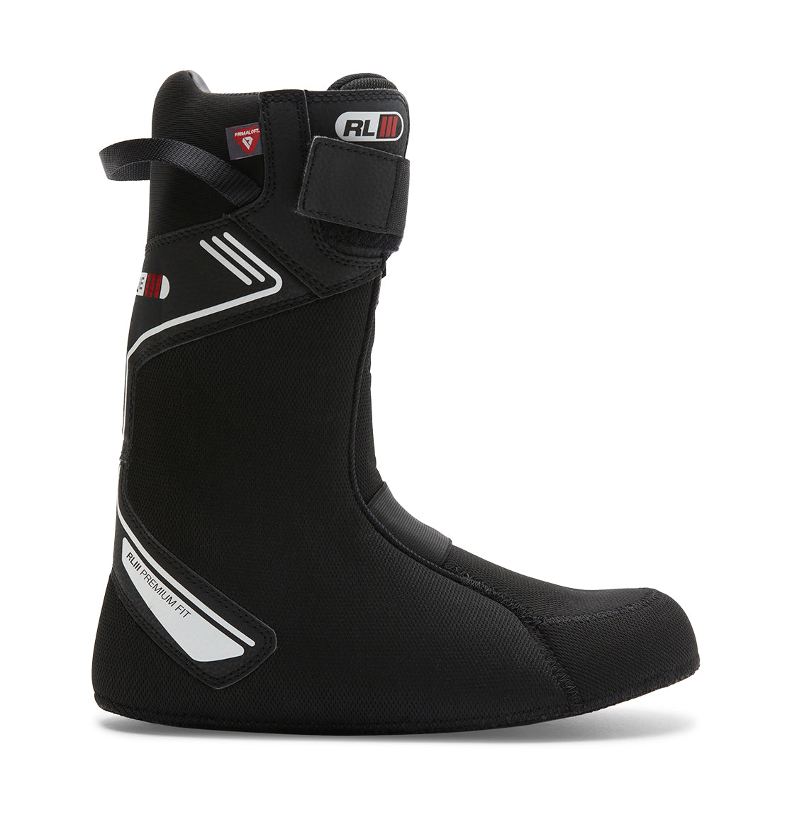 A black snowboard boot liner with white and red accents, labeled RL II and HEAT-MOLDABLE, is shown from the side against a white background. Designed for use in high-performance snowboard boots such as the DC Shoes Men’s Judge BOA® Snowboard Boots, this liner offers premium comfort and support.
