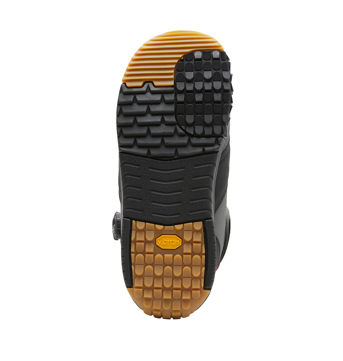 The image displays the sole of the Men’s Judge BOA® Snowboard Boots by DC Shoes, featuring a Vibram logo and a black and tan rubber tread pattern designed for enhanced traction and durability. These boots also feature the Dual Zone BOA® Fit System, providing a precise and secure closure.
