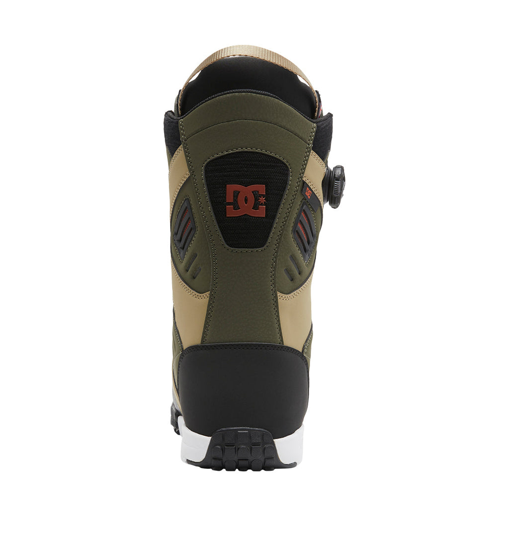 A rear view of the Men’s Judge BOA® Snowboard Boots by DC Shoes in green, featuring the BOA® Fit System, a black and red DC Shoes logo on the heel, black heel pad, and white sole, photographed against a white background.