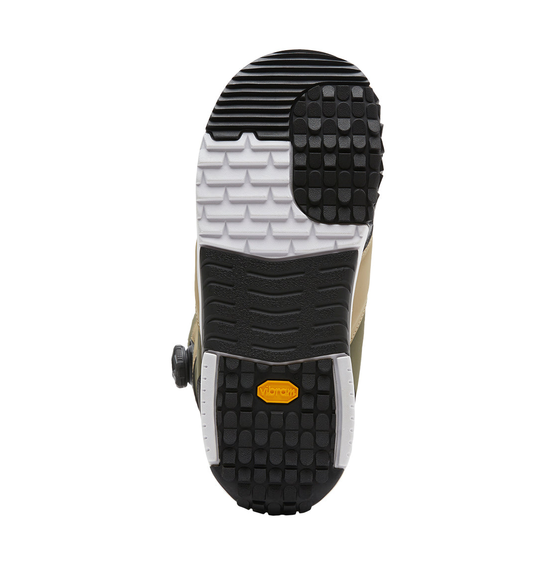 The image displays the sole of the Men’s Judge BOA® Snowboard Boots from DC Shoes, showcasing a combination of black, white, and tan rubber tread with distinct patterns and a central yellow Vibram logo. Engineered for durability and performance, these boots are equipped with the advanced BOA® Fit System to ensure a secure fit.