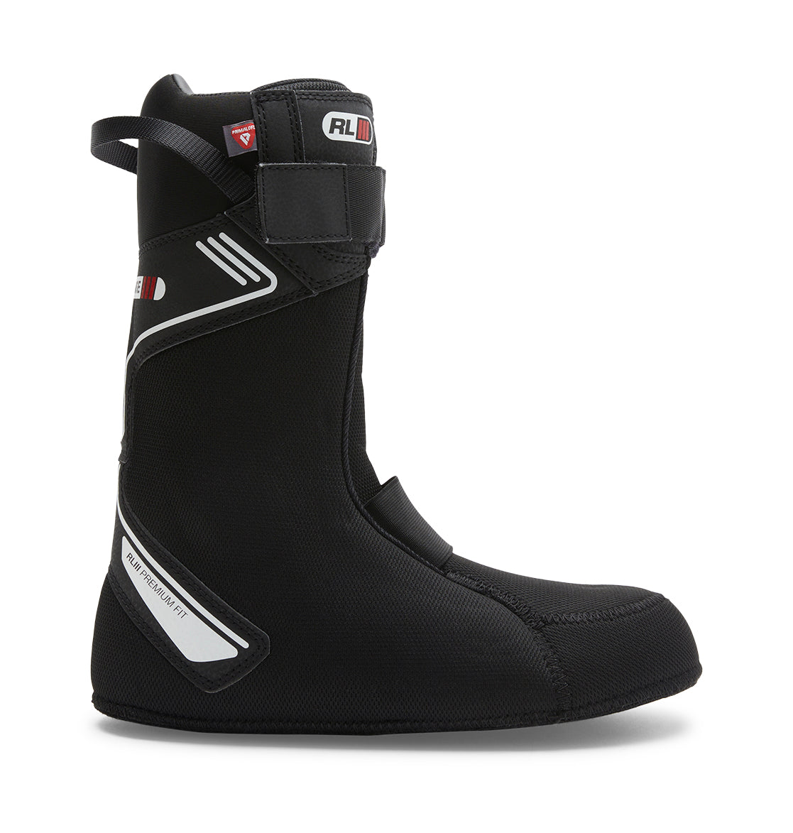 Black snowboard boot liner with white accents, shown from the side. It features a reinforced heel, Velcro strap across the foot, pull loop at the top, and visible stitching details. Designed for comfort and support, this liner is compatible with DC Shoes Men’s Judge BOA® Snowboard Boots.