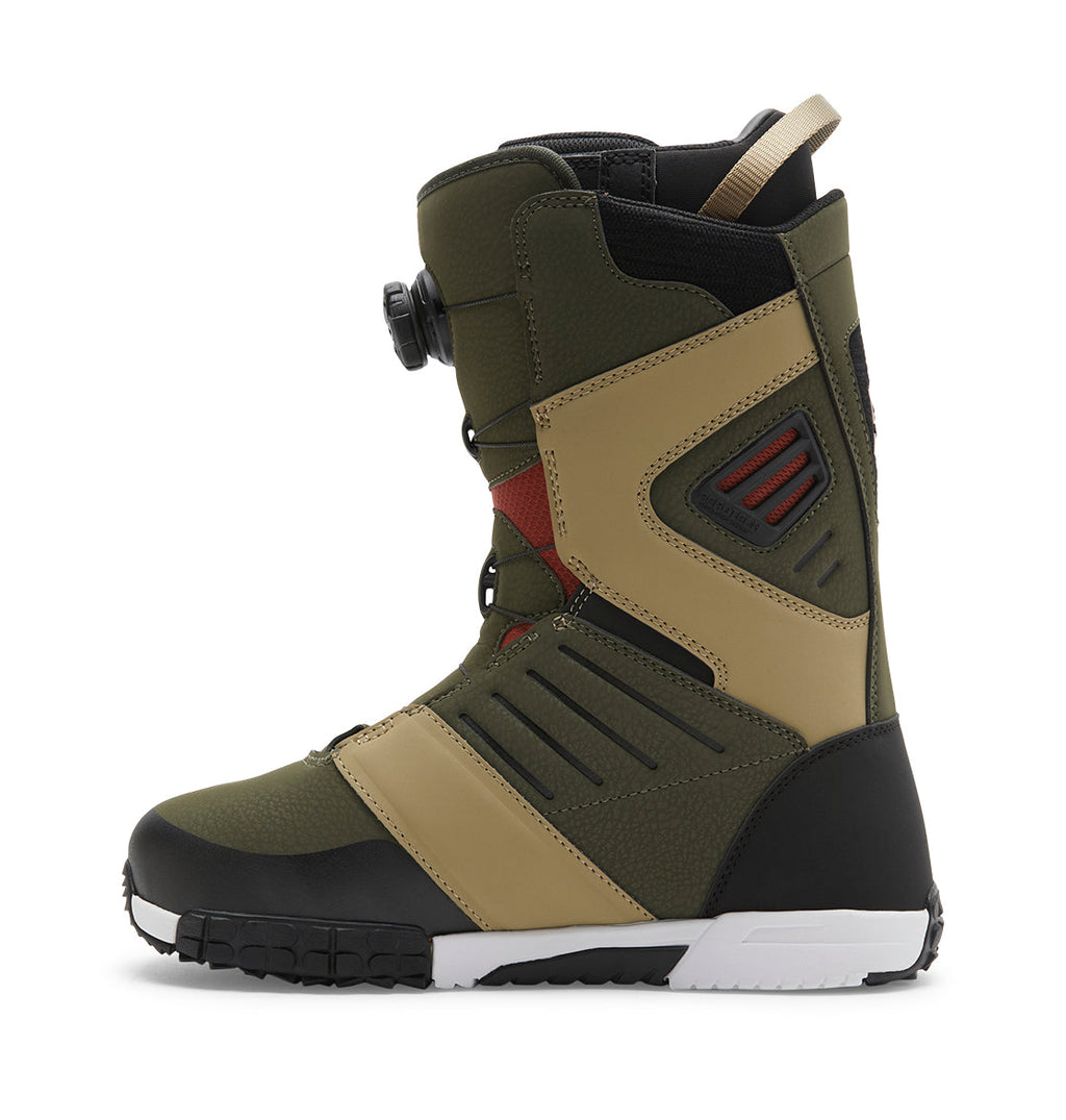 A single Men’s Judge BOA® Snowboard Boot by DC Shoes is shown in olive green and tan with a black sole, red accents, and a BOA Fit System dial lacing system, viewed from the side against a white background.