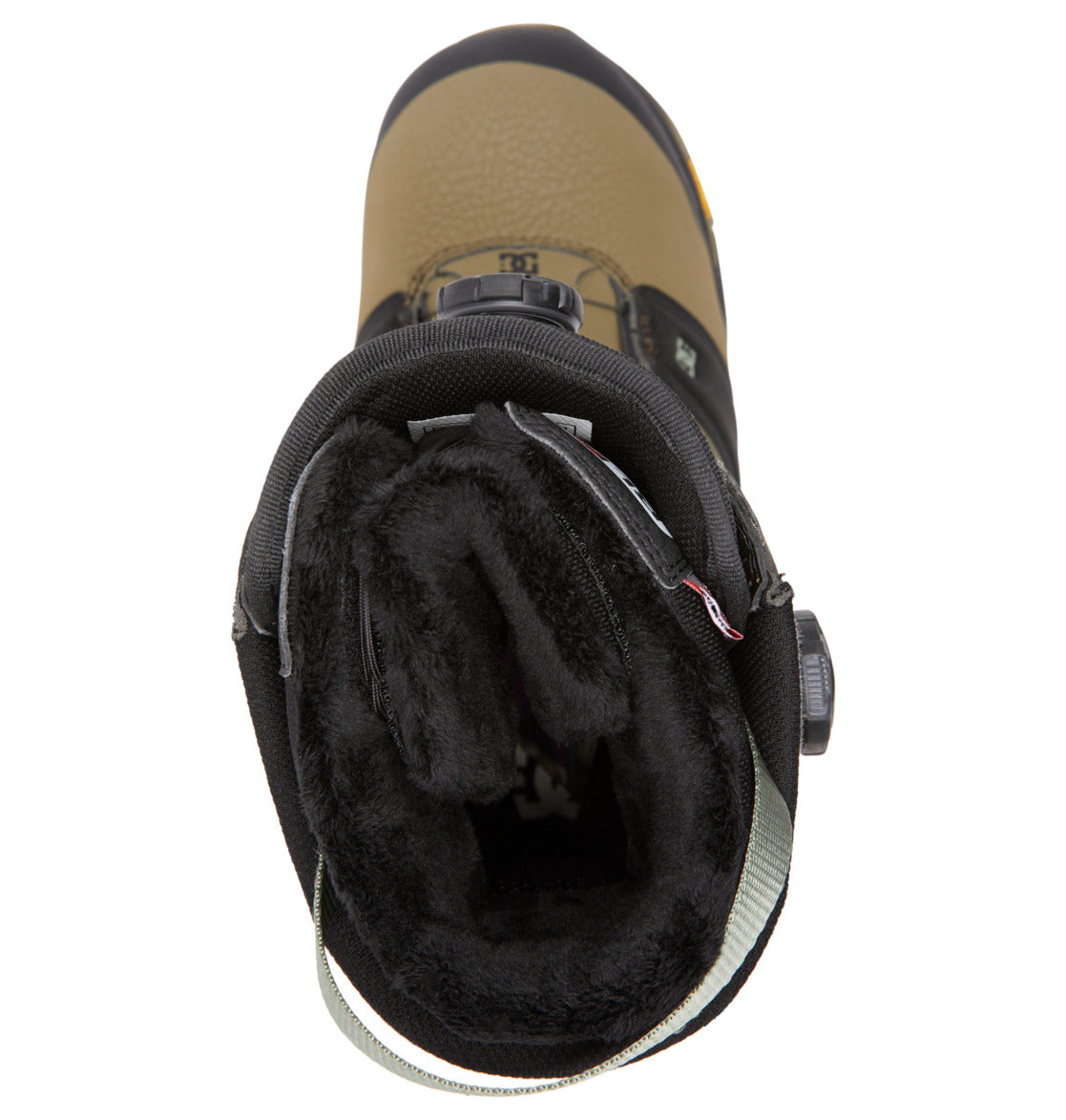 Top view of the DC Shoes Men’s Judge BOA® Snowboard Boots, showcasing a tan and black colorway with a plush black inner lining, rear pull tab, and side adjustment dials for the Dual Zone BOA® Fit System. Finished with a rugged Vibram outsole for superior traction.