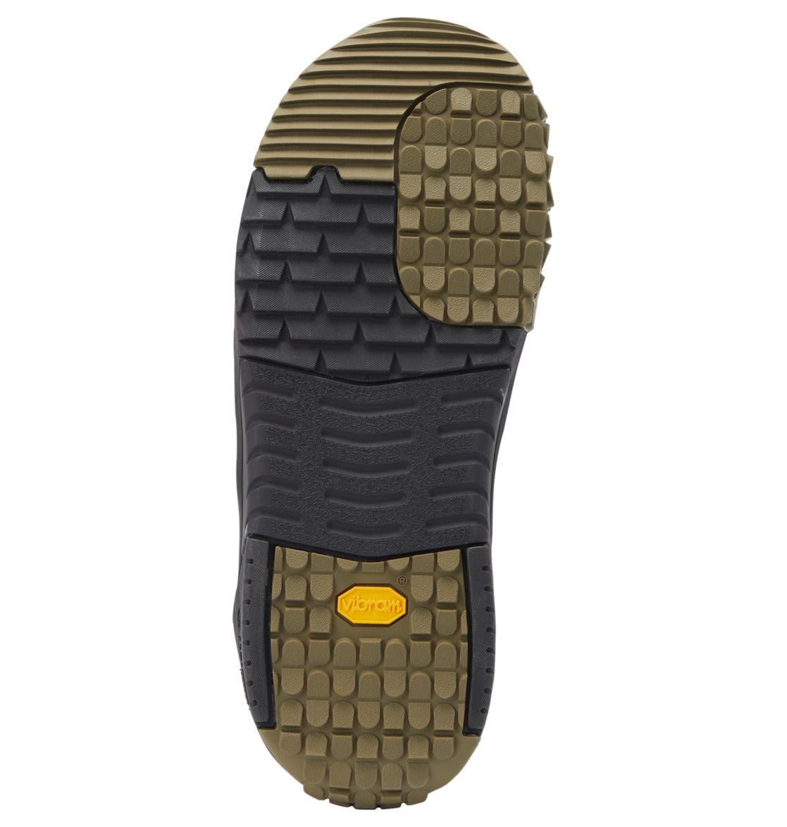 Close-up of the sole of a men’s DC Shoes Judge BOA® Snowboard Boot, featuring a black and olive green tread pattern with a yellow Vibram logo in the center, highlighting the durable Vibram outsole.