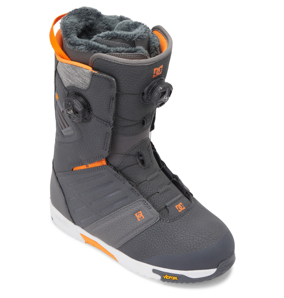 A single DC Shoes Men’s Judge BOA® Snowboard Boot in gray with orange accents is shown from an angled top view, highlighting its fur-lined interior, Dual Zone BOA® Fit System dials, and white Vibram outsole.