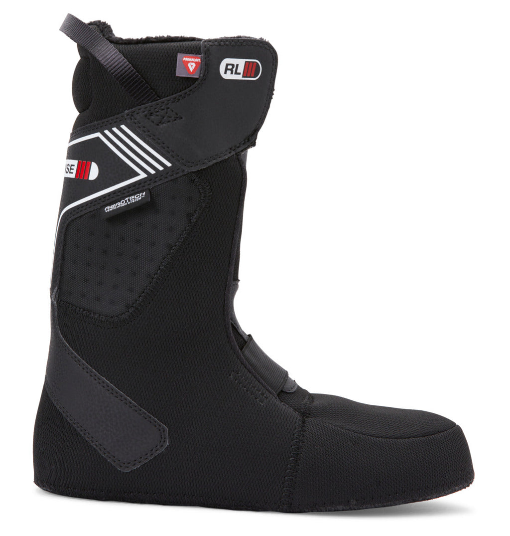 Black snowboard boot liner with gray and white accents, side view, featuring reinforced stitching, Velcro strap, and printed RL and Pro Liner logos on breathable, cushioned fabric—engineered for compatibility with DC Shoes Men’s Judge Step On® BOA® Snowboard Boots.