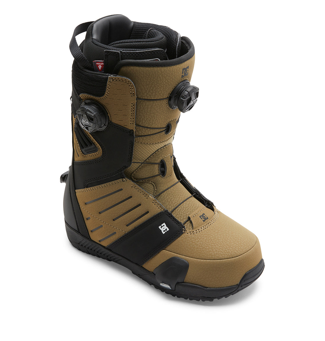 The Men’s Judge Step On® Snowboard Boots by DC Shoes are showcased on a white background, highlighting their tan and black design. These boots feature the advanced BOA Fit System with dual circular dials for precise adjustment, providing robust ankle support and a durable treaded sole.