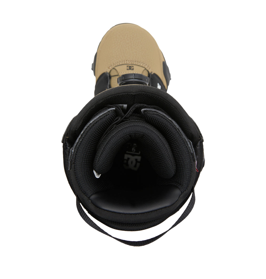 Top view of the Men’s Judge Step On® Snowboard Boot by DC Shoes in tan and black, showcasing a padded collar, visible inner lining, back pull loop, DC Shoes logo inside the heel, and precise adjustment with the BOA® Fit System.