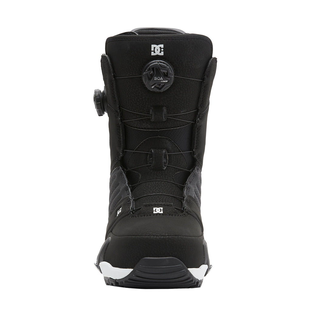 Front view of the Men’s Judge Step On® Snowboard Boots by DC Shoes in black, featuring the Dual Zone BOA Fit System and a black upper with white accents on the sole and heel.