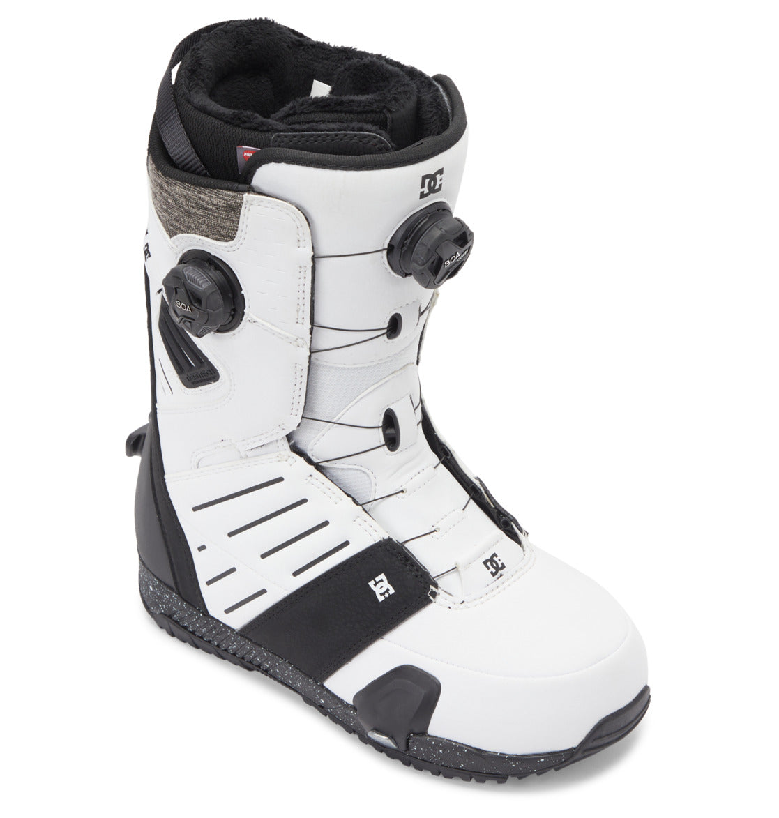 The DC Shoes Men’s Judge Step On BOA® Snowboard Boots in white and black feature the BOA Fit System with dual rotating dial closures, a textured sole, and reinforced toe and heel areas, displayed on a white background.
