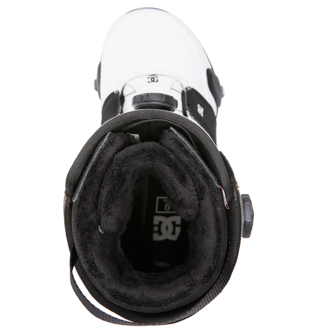 Top-down view of the Men’s Judge Step On BOA® Snowboard Boot by DC Shoes in black and white, featuring a visible DC Shoes logo on the padded interior, a cushioned tongue, the BOA® Fit System dial, and a heel strap.