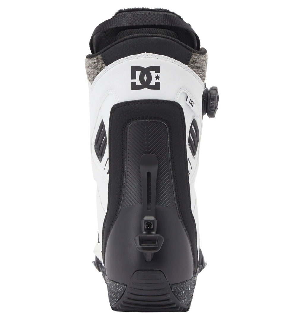 Rear view of the Men’s Judge Step On BOA® Snowboard Boot by DC Shoes in white and black, featuring the DC Shoes logo on the back and a BOA® Fit System tightening dial on the side.