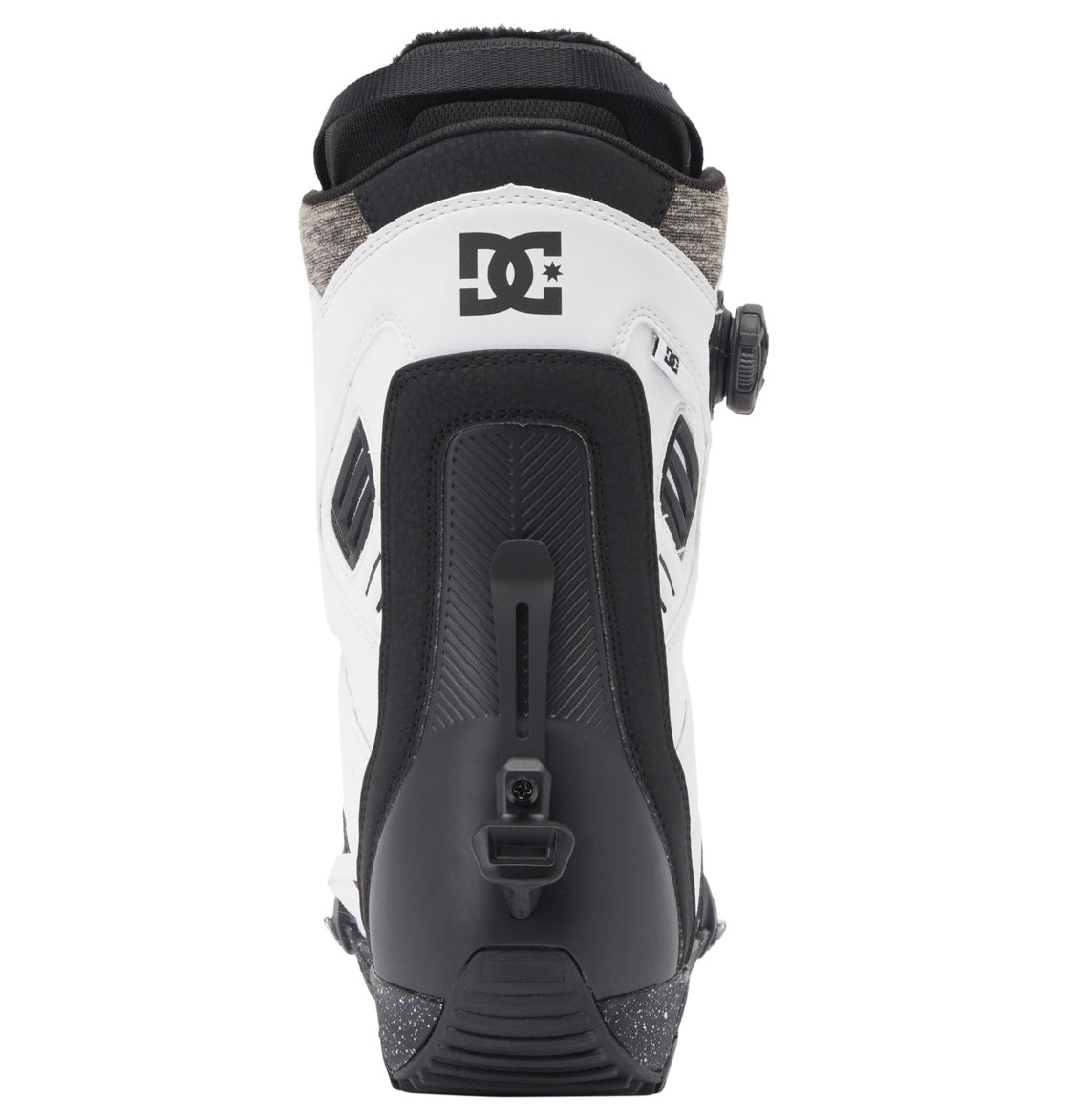 Rear view of the Men’s Judge Step On BOA® Snowboard Boot by DC Shoes in white and black, featuring the DC Shoes logo on the back and a BOA® Fit System tightening dial on the side.