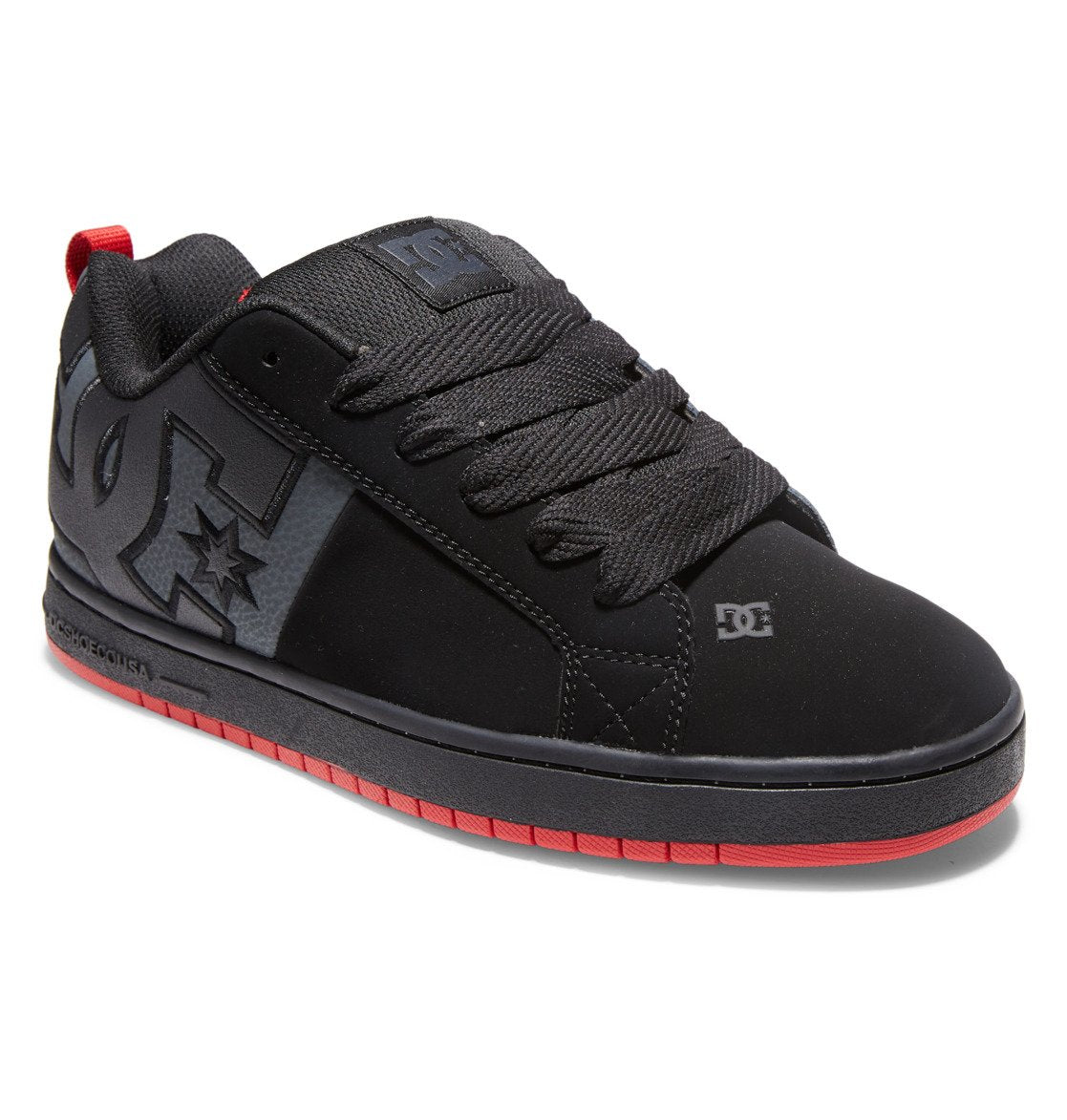 Introducing the Men’s Court Graffik Shoes by DC Shoes—a bold black sneaker featuring a puffy silhouette, thick laces, eye-catching red outsole, and the signature large DC Star Logo on the side. Designed for comfort and style, these shoes also include a padded tongue and subtle star detail near the heel, making them a standout piece in any men’s footwear collection.