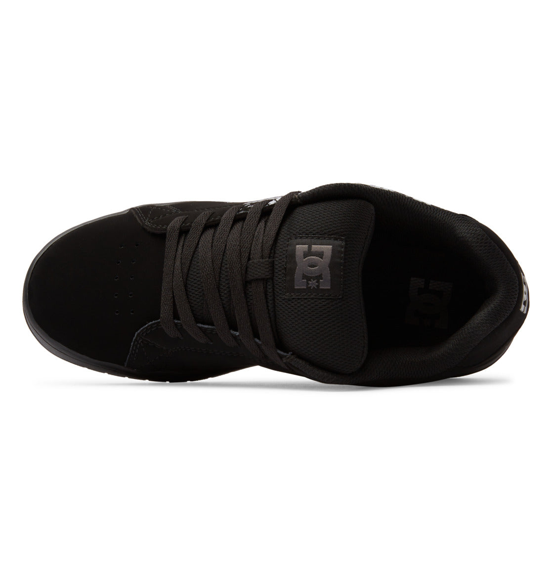 Top view of the Men’s Gaveler Shoes by DC Shoes in black, featuring matching black laces and a DC Shoes logo on the tongue. This sneaker showcases a low-profile silhouette with a rounded toe, crafted from a mix of suede and mesh with durable leather accents for enhanced resilience. Its subtly chunky design blends modern style with lasting substance.