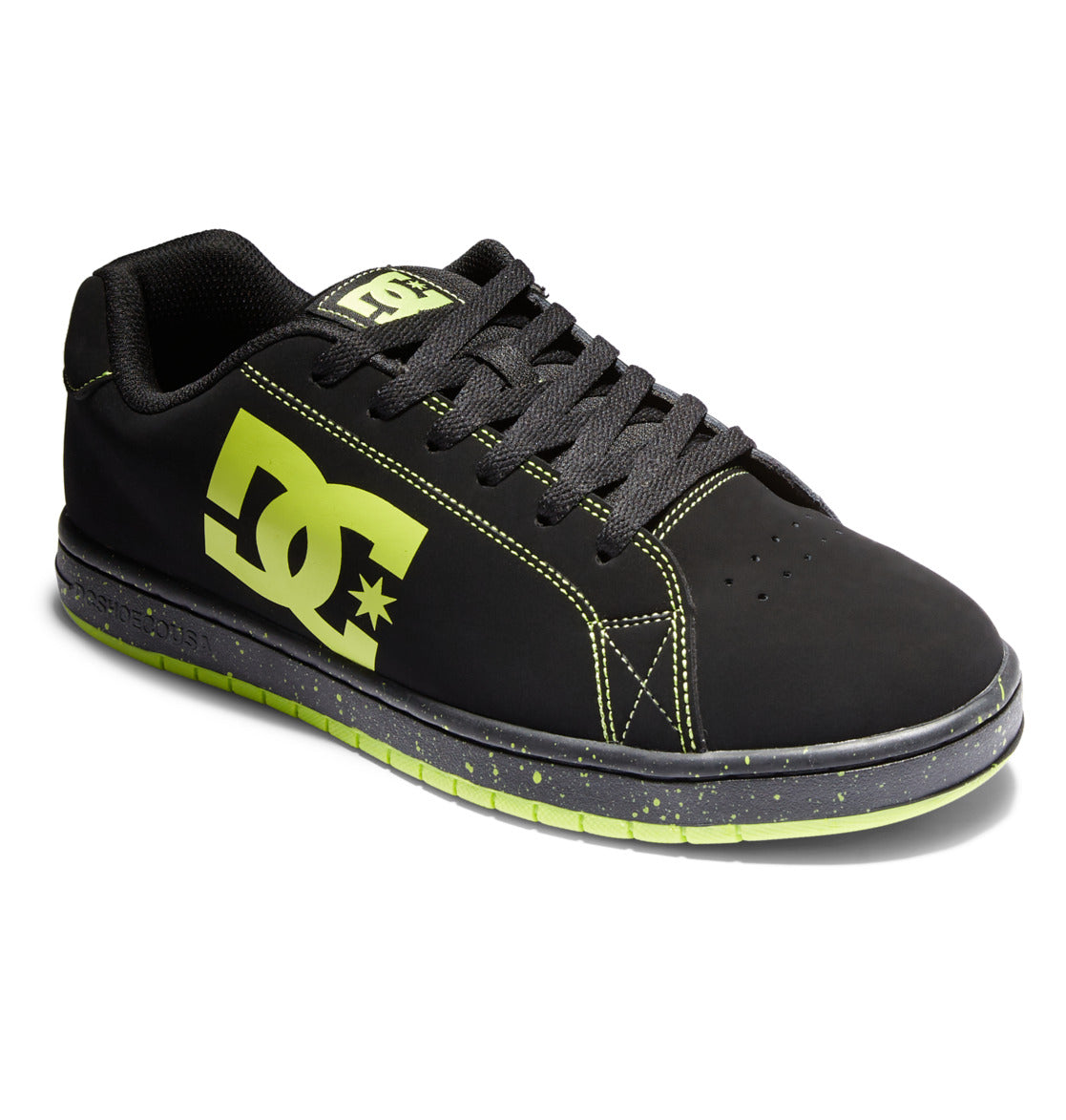 Introducing the Men’s Gaveler Shoes by DC Shoes—a bold black skate sneaker featuring vibrant neon yellow logo detailing, striking accents, and a speckled midsole. This low-top design is equipped with black laces and boasts a chunky silhouette, expertly crafted from durable leather to deliver lasting style and reliable support.