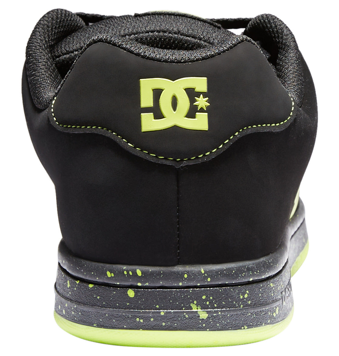 Here’s a rewritten sentence using your product data: Back view of the Men’s Gaveler Shoes by DC Shoes in black, showcasing a neon yellow logo and accents, durable leather construction, a gray speckled midsole, and a neon yellow outsole that delivers the classic chunky sneaker look.