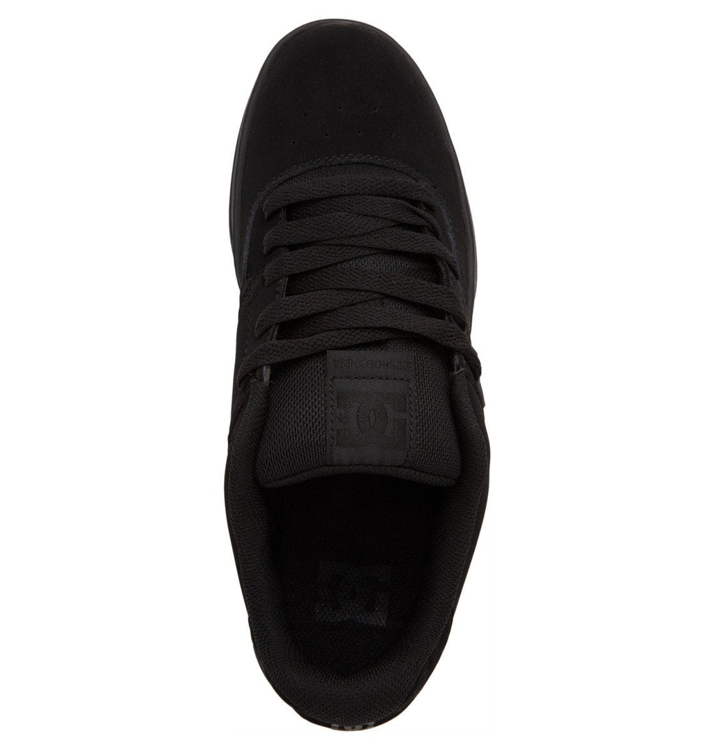 Men’s Central Shoes by DC Shoes shown from above, featuring black laces, a padded tongue with a subtle embossed logo, and a smooth, rounded toe. These low-cut sneakers showcase a classic skate-inspired design and are constructed as cupsole shoes for enhanced durability.