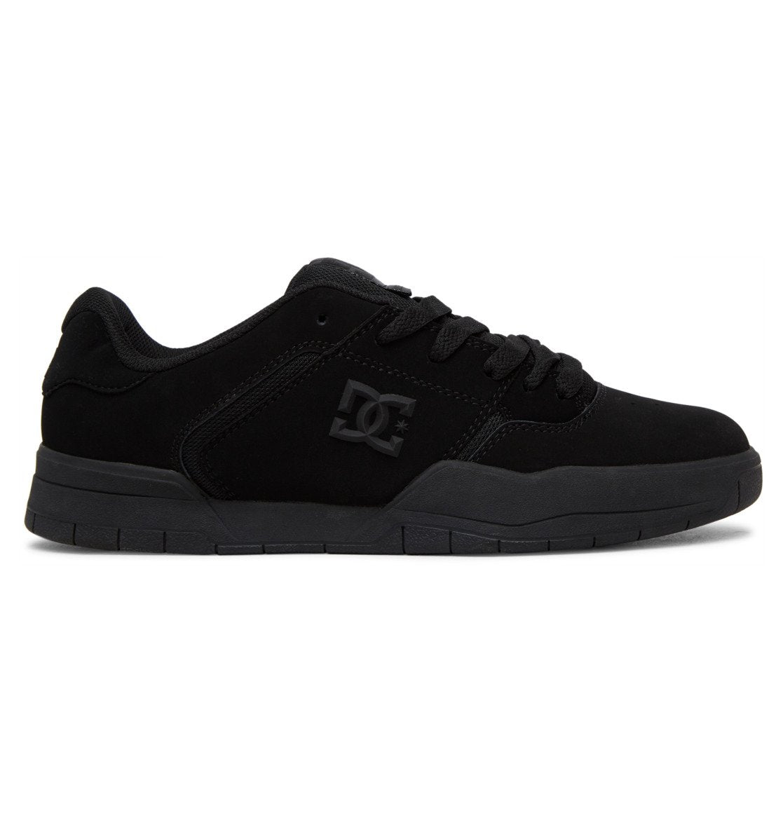 Introducing the Men’s Central Shoes by DC Shoes—a black low-top sneaker designed with black laces and a textured rubber cupsole for superior durability in daily wear. This shoe showcases the iconic DC Shoes logo embossed on the side, embodying genuine DC style.