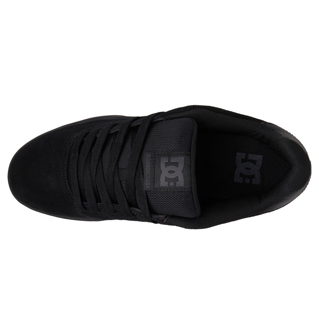 Top view of the Men’s Central Shoes by DC Shoes in black, featuring black laces and prominent DC branding on the tongue and insole. The shoe showcases a clean, streamlined design that reflects classic DC style while providing outstanding durability.
