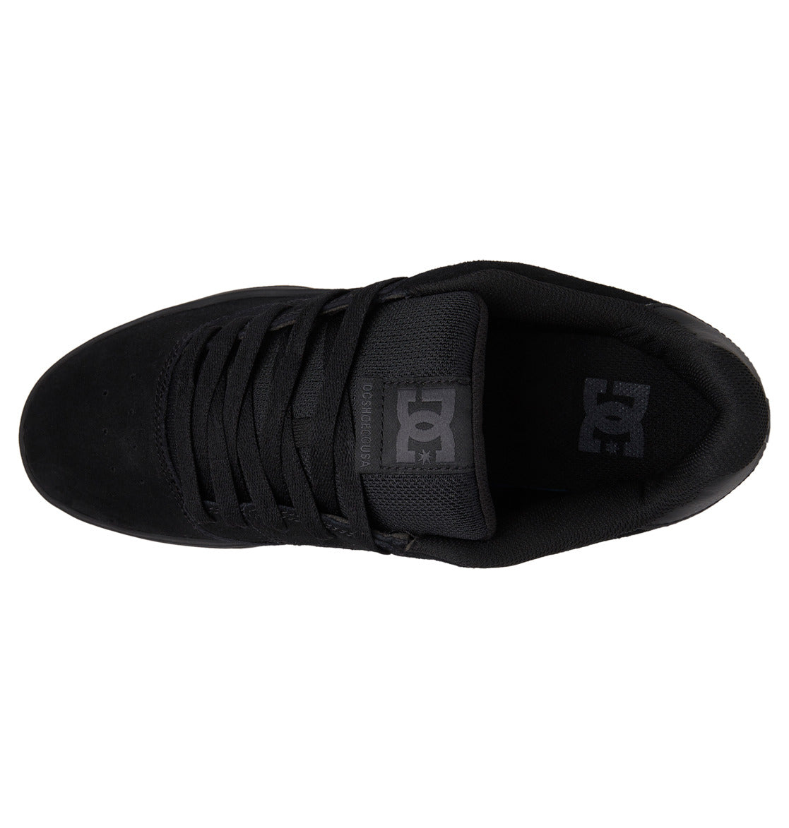 Top view of the Men’s Central Shoes by DC Shoes in black, featuring black laces and prominent DC branding on the tongue and insole. The shoe showcases a clean, streamlined design that reflects classic DC style while providing outstanding durability.