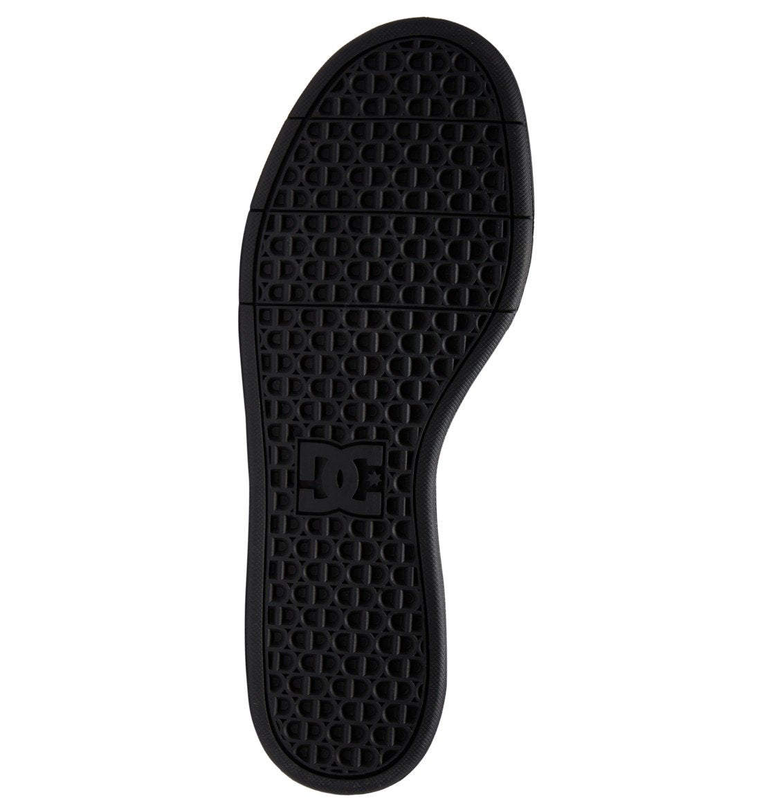 Black sole from the DC Shoes Men’s Crisis 2, featuring a textured grid pattern and a raised DC logo at the center. This performance cup sole is designed for durability, with curved edges and horizontal grooves at the toe and heel to improve grip and board feel.
