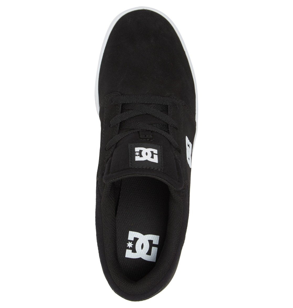 A top-down view of the DC Shoes Men’s Crisis 2 sneaker in black highlights the white DC logo on the tongue and insole, black laces, and a crisp white sole edge—pairing a modern skate-inspired design with an affordable price and performance cup sole construction.